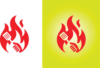 Fire Chef Logo Design: Minimalist Red Flame with Spatula for Grilling, BBQ, Restaurant, and Food Services