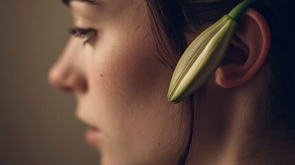 Woman's profile with a lily bud tucked behind her ear, soft focus, warm light, calm and poetic mood
