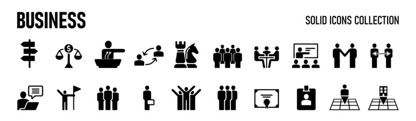 Business  solid icon set. Contain human resources, money movement, development, business process, growth and more. Vector illustration
