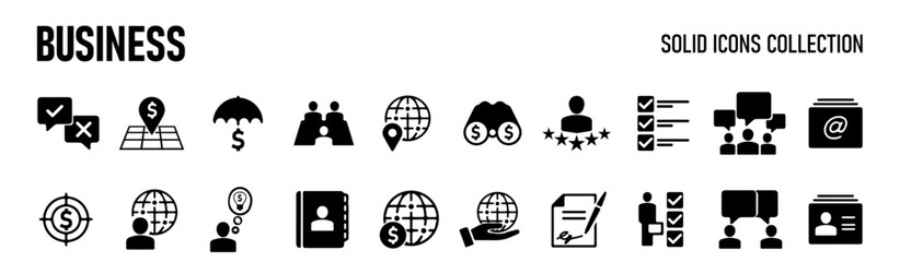 Business  solid icon set. Contain human resources, money movement, development, business process, growth and more. Vector illustration