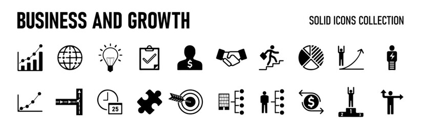 Business  solid icon set. Contain human resources, money movement, development, business process, growth and more. Vector illustration