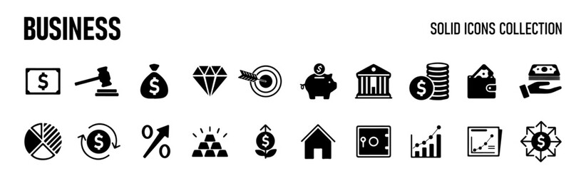 Business  solid icon set. Contain human resources, money movement, development, business process, growth and more. Vector illustration