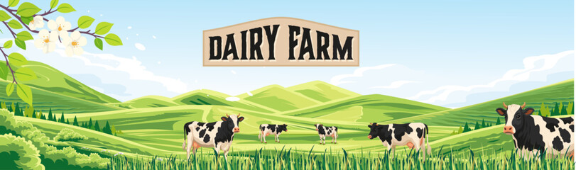 "Dairy Farm" sign above cows grazing in a vibrant green hilly landscape.