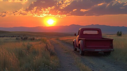 Red truck at sunset