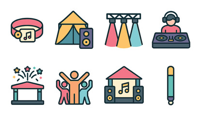 Music Festival Concept isometric set. Wristband pass, tent with speaker, light show, DJ booth, firework and stage, dancing crowd, music stage icon, glow
