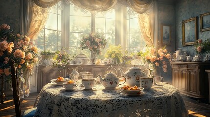 Sunlit room with tea set, roses, and antique furniture