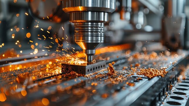 An impressive close-up image of a cutting machine at work in an industrial setting, showcasing sparks flying as it carves through metal, highlighting the power and precision of machinery.