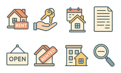 House Rental Icons Concept isometric set. Rent sign on house, keys in hand icon, calendar over home, monthly lease sheet, tenant agreement, open house symbol, rented tag, apartment search
