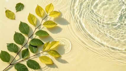Green, Yellow Leaves on Water, Autumn Ripples, Serene Wellness Background