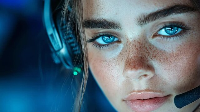 Close-up Portrait of a Young Woman Gamer with Headset