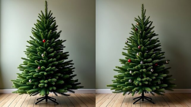 A side-by-side comparison of two Christmas trees. The left tree is a simple, unadorned green fir with no decorations.Christmas tree . Collection of Christmas trees. New Years and xmas