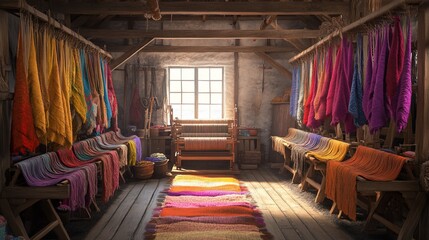Sunlit rustic workshop filled with vibrant textiles on looms