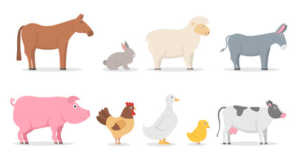 Cute farm animals vector. Goat, cow, pig, horse, turkey, chicken, and rabbit. Flat cartoon illustration of countryside mammals and birds. Rural zoo set isolated on white.

