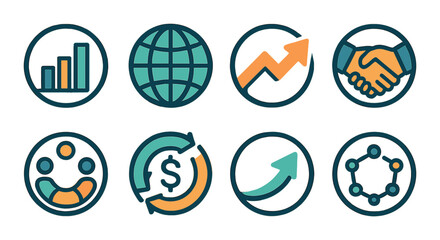 Business Circle Logos Concept isometric set. Bar chart in circle, globe icon, growth arrow ring, handshake orb, abstract team circle, finance loop, upward