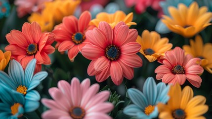 A stunning close-up of an array of vibrant flowers in various colors, showcasing the beauty of nature and the joy of a lively garden in full bloom.