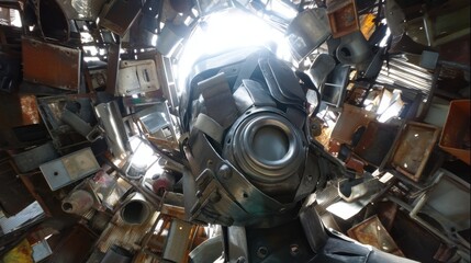 Welding helmet POV of a complex metal art installation