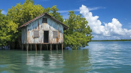 Obraz premium Rustic Weathered House on Stilts in Tropical Lagoon