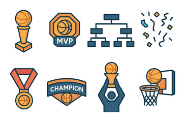 Basketball Championship Concept isometric set. Gold trophy, MVP badge, tournament bracket, confetti rain, medal icon, champion banner, cup celebration.