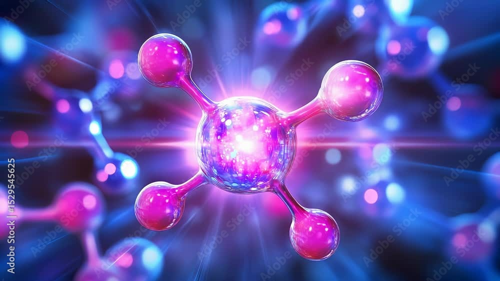 Poster abstract molecular structure with glowing central sphere and light rays animation
