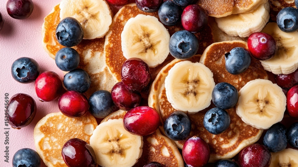 Poster a vibrant and appetizing assortment of fluffy pancakes topped with fresh blueberries and bananas cre