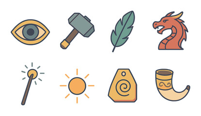 Viking Mythology Concept isometric set. Odin&rsquo;s eye, Thor&rsquo;s hammer, Freya&rsquo;s feather, Norse dragon, mystic staff, godlike glow, ancient relic, divine horn