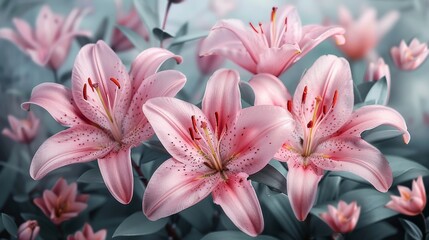 This enchanting close-up of pink lilies showcases their delicate beauty, highlighted by soft lighting that evokes tranquility and a sense of peaceful elegance.