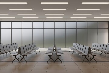 Airport terminal waiting area with seats and large windows view