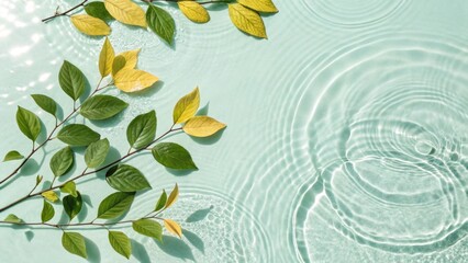 Green, Yellow Leaves on Aqua Water, Ripples, Summer Wellness Background