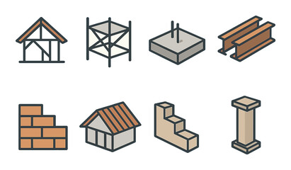 Building Structure Concept isometric set. House frame, scaffolding logo, concrete foundation, steel beams, wall layout, roofing symbol, staircase outline.