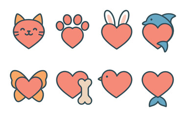 Animal-Themed Hearts Concept isometric set. Cat heart, paw print heart, bunny ear heart, dolphin heart, butterfly wings heart, dog bone heart, bird heart.
