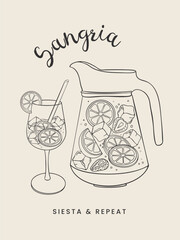 Hand Drawn Sangria Pitcher with Lemon and Orange Slices. Spanish Summer Drink Illustration. Vector sketchy line art for wall decor, card, cover, social media, ads, print, menu design.