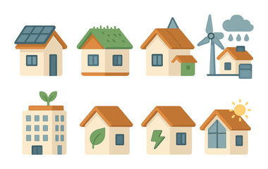 Fototapeta premium Eco-Friendly Homes Concept isometric set. Solar panel house, green roof home, wind-powered house, rainwater system, sustainable building, eco symbol on