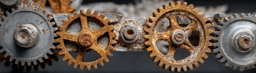 Rusty gears merging with new chrome parts   contrast of old and new