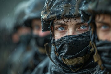 Obraz premium A close-up of a soldier's expression, marked by determination and resilience, reveals the harsh realities of warfare amidst a rain-soaked environment.