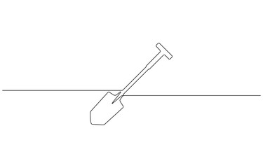 Continuous line drawing of shovel. Shovel linear icon. One line drawing background. Vector illustration. Shovel continuous line icon, Line Drawing with Editable Stroke and Copy Space.