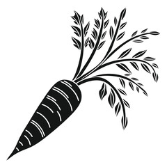 depicts a black and white organic carrot with detailed leaves