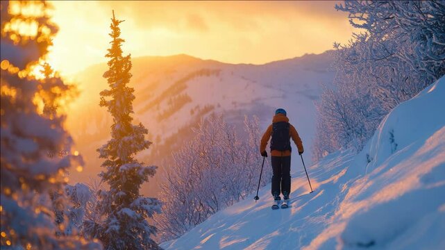Skier on a snowy mountain trail at sunset