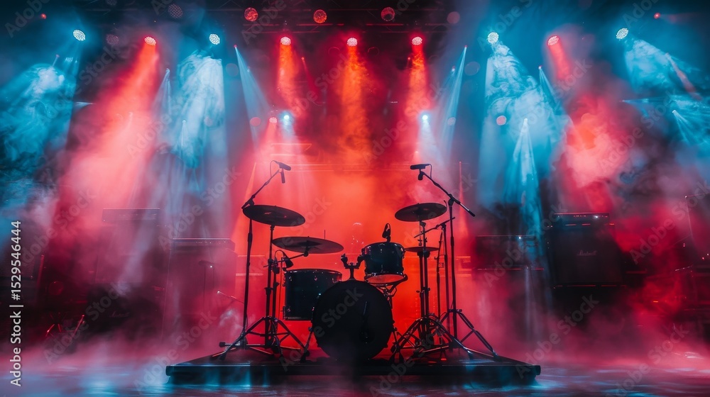 Aufkleber a dynamic drum set is highlighted by vibrant stage lights, creating an energetic atmosphere, perfect