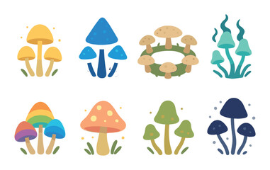 Naklejka premium Fantasy Forest Fungi Concept isometric set. Glowing grove mushrooms, bluecap magic, enchanted mushroom ring, spirit fungi, rainbow cap cluster, fairyland