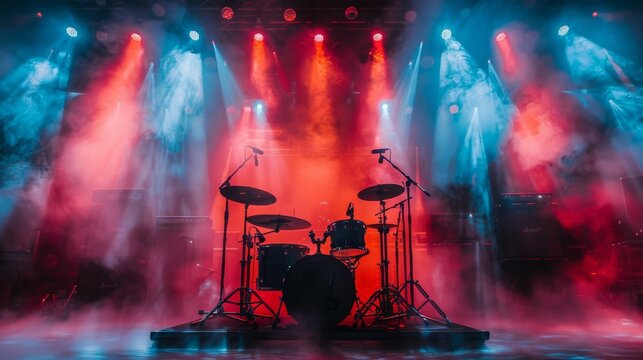 A dynamic drum set is highlighted by vibrant stage lights, creating an energetic atmosphere, perfect for capturing the excitement and rhythm of a live music performance.