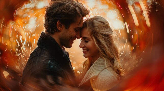 An intimate and joyful moment shared between a couple, perfectly capturing their love and affection against a swirling warm backdrop in a vibrant autumn atmosphere.