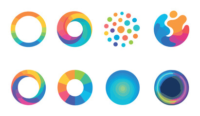 Colorful Circle Logos Concept isometric set. Rainbow ring, gradient swirl circle, multi-dot orb, isometric splash disc, colorful wave ring, circular