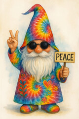 Obraz premium A vibrant gnome wearing a colorful tie-dye outfit, sunglasses, and holding a peace sign, embodying harmony and joy.