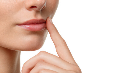 Fototapeta premium Close up of a woman gently touching her lips with her index finger, isolated on a transparent background, creating a sense of intrigue and mystery
