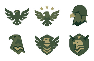 Obraz premium Military Eagle Concept isometric set. Tactical wings, eagle with stars, eagle helmet, army crest, camouflage eagle, shield with wings, rank eagle icon.
