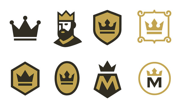 Royal Branding Concept isometric set. Crown silhouette, minimalist king logo, shield icon with crown, gold crest frame, luxury badge, elite emblem, bold