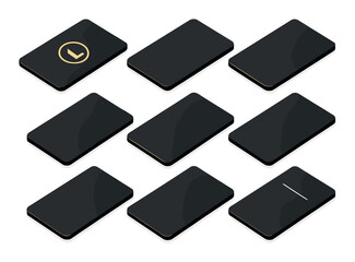 Luxury Brand Card Concept isometric set. Matte black card, gold foil logo, embossed texture, serif type layout, minimal back side, gloss finish edge.