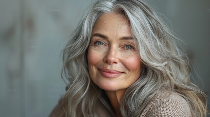 An elegant senior woman with silver hair and a warm smile, radiating wisdom and joy, creating a sense of peace and connection while capturing the essence of age gracefully.
