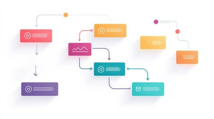 Marketing metrics engagement optimization concept. Flowchart illustrating data processes and decision-making steps.