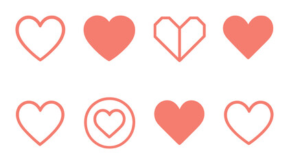 Minimalist Heart Logos Concept isometric set. Simple heart outline, rounded heart, geometric heart icon, folded paper heart, thin line heart, heart within